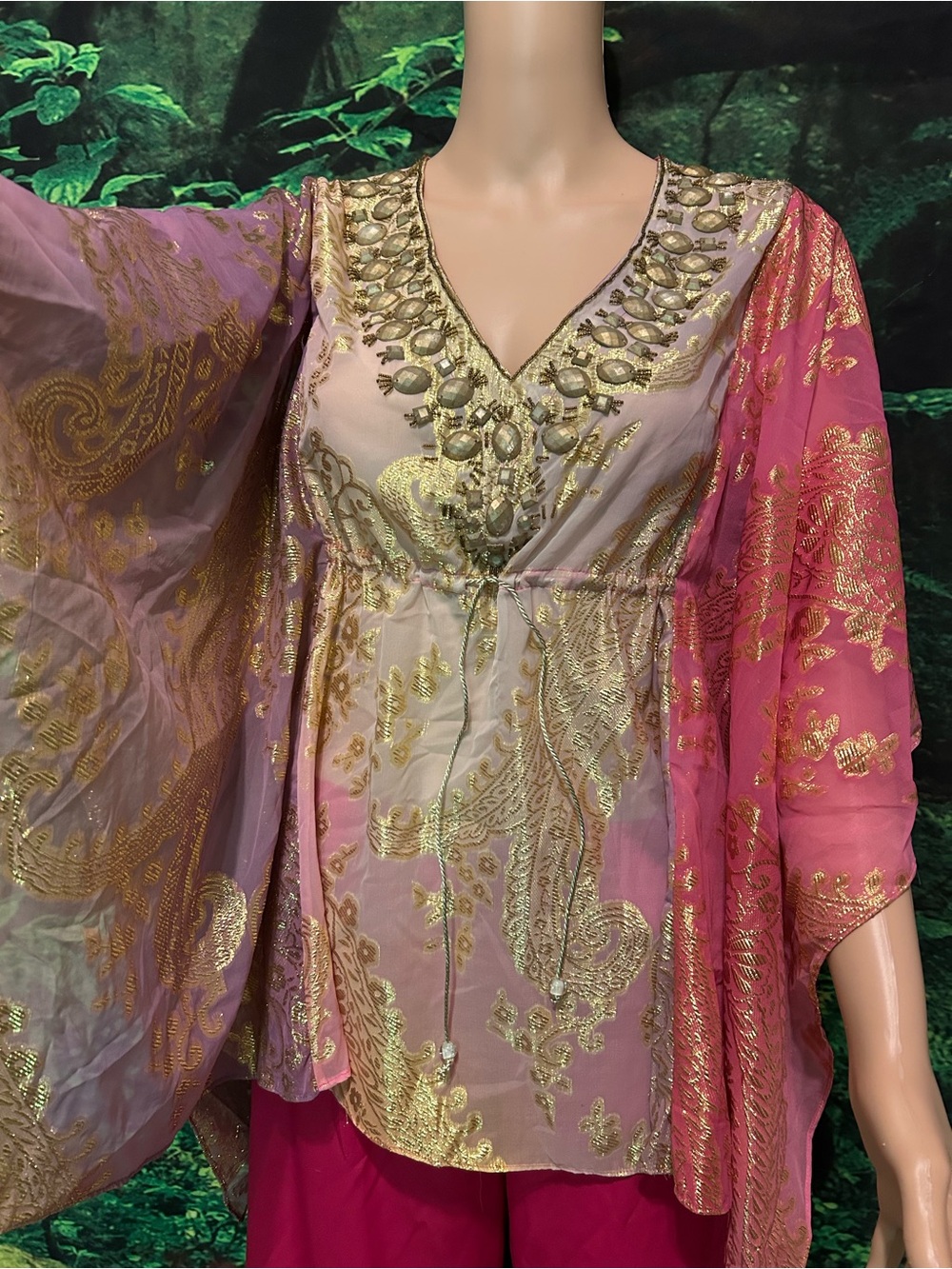 Embellished Pink and Gold V-Neck Tunic Top - Picture 2 of 5